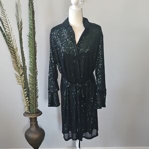 Cato Black V-Neck Tie Waist Dress with Green Sequins NWT